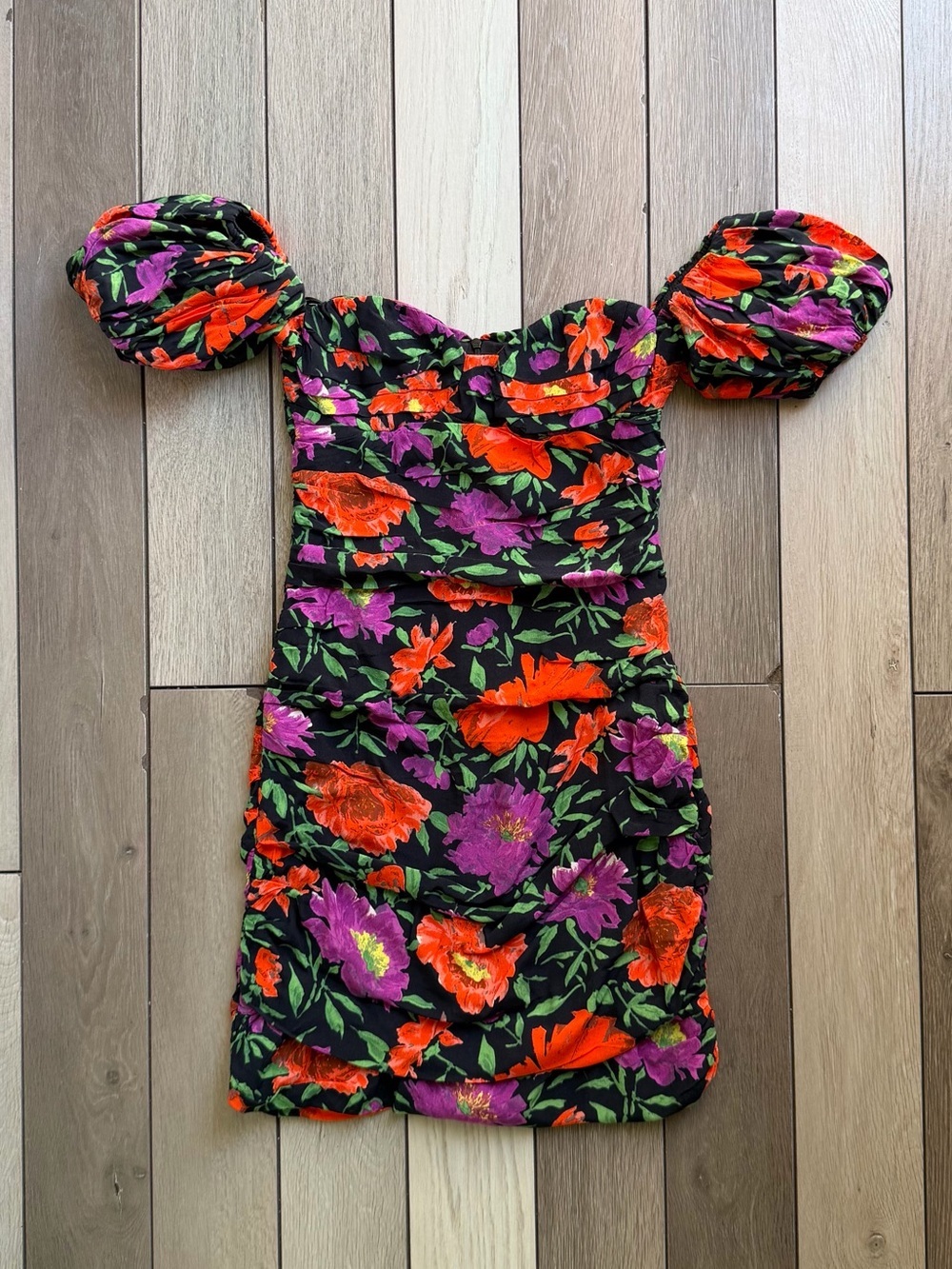 Zara Floral Off the Shoulder Puff Sleeve Mini Ruched Dress